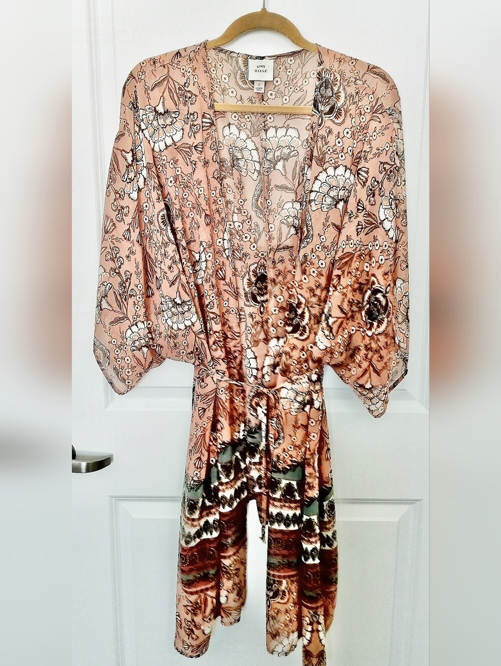 Knox Rose Women's L Floral Boho Open Front Kimono Duster Tie Waist Peach Pink